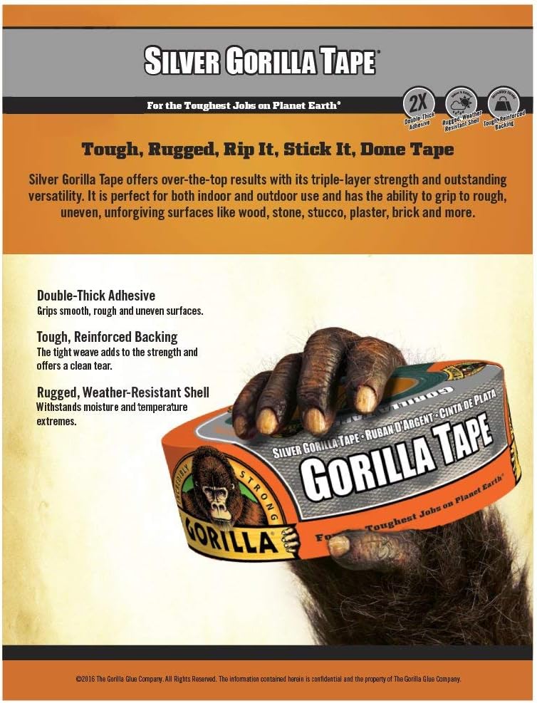 Gorilla Silver Duct Tape, 1.88" x 35 yd, Silver, (Pack of 3)