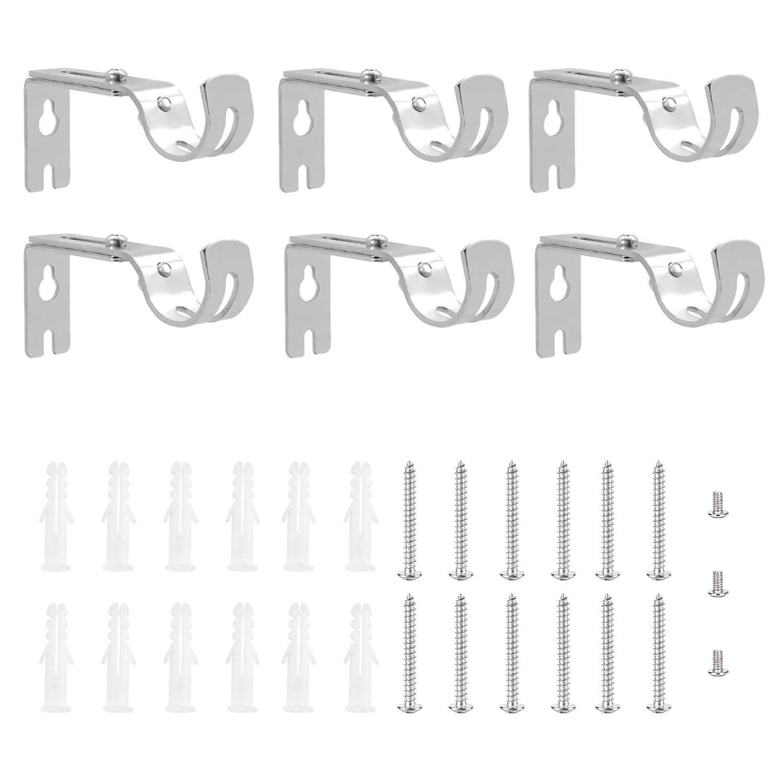 6 Heavy Duty Curtain Pole Holders, Adjustable for 25mm Poles, Silver Metal Wall Rod Brackets, 6pcs Silver, less than or equal to 25 mm