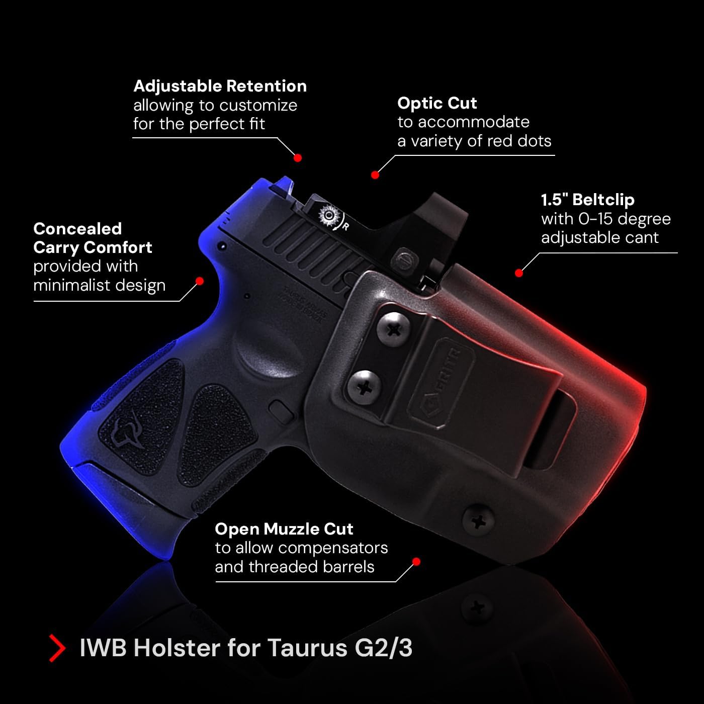 GRITR IWB Kydex Right Hand Gun Holster Compatible with Taurus G2/G3 with 1.5" Belt Clip, Open Bottom, Optic Cut, Adjustable Retention