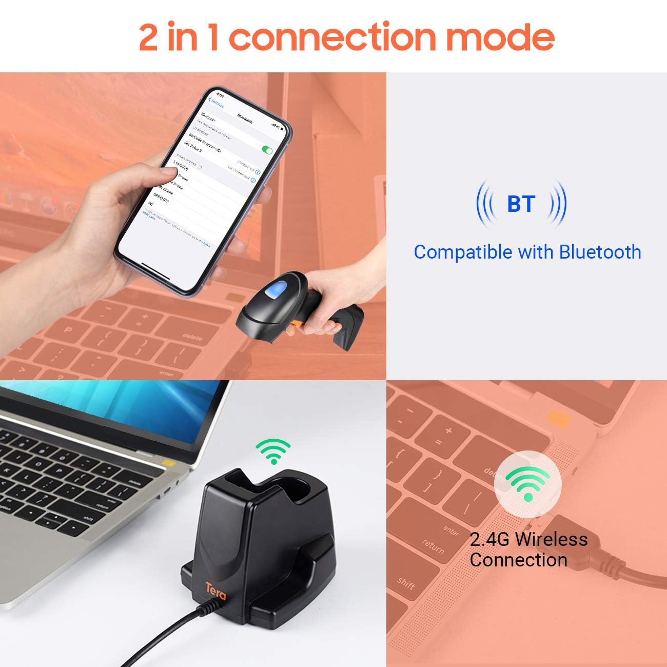 Tera Pro Series Lector de código de Barras con cámara de 1 MP Escáner de código de Barras 2D QR 1D Escaneo de Alta Velocidad Inalámbrico 2.4G y Bluetooth con estación de Carga, HW0007 Naranja