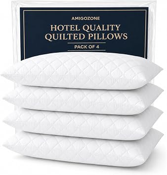 AmigoZone Quilted Pillows Pack of 4, Extra-Filled Hotel Quality Bed Pillows with Bounce-Back Hollowfibre, Firm Support for Side, Back & Stomach Sleepers, Hypoallergenic & Machine Washable - 4 Pack