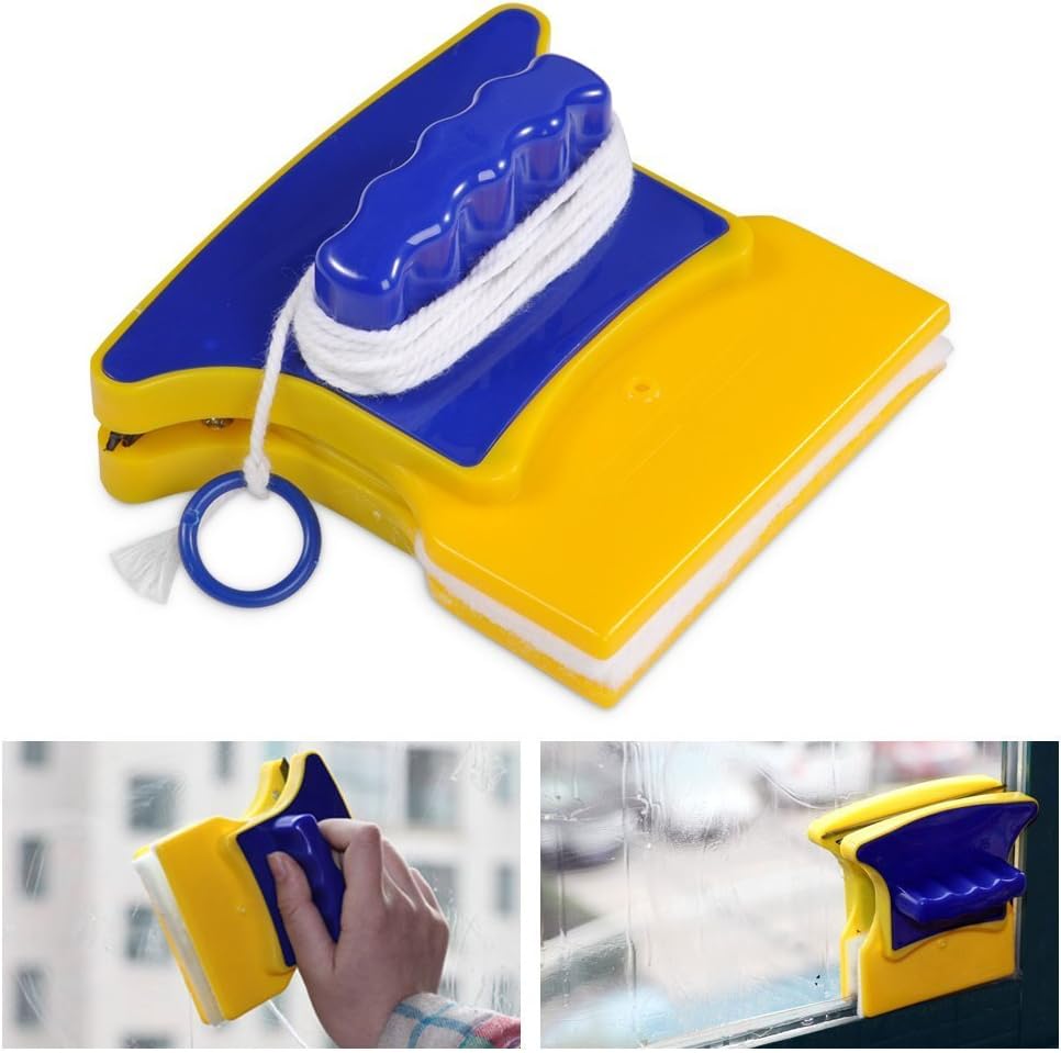Square Shape Double-Side Magnetic Glass Cleaner Wiper with 2 Extra Cleaning Cotton for Window, Squeegee Washing Kit Equipment Household Cleaner