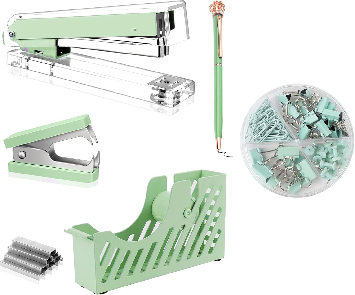 Green Desk Accessory Kit, Office Supplies Set for Women and Student, w/Binder Clips, Paper Clips, Push Pins Sets, Tape Dispenser, Staple Remover, Ballpoint Pen, 1000 Staples, Gift Bag & Gift Boxes