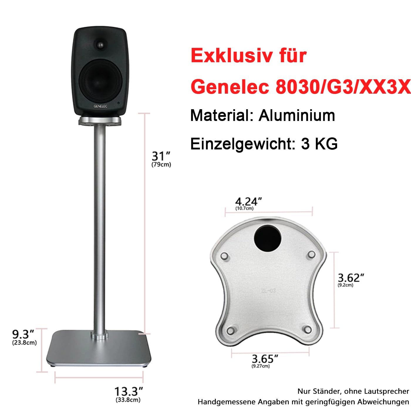 Paar Aluminium-Bodenständer für Genelec 8030/G3 Lautsprecher – Premium 1:1 Passform, ergonomische 80 cm Höhe, versteckte Kabelführung (Für 8030/G3/XX3X, Silber, 1 Paar)