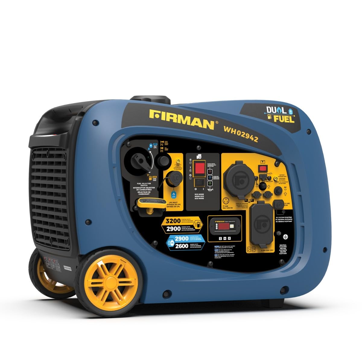 FIRMAN WH02942 Dual Fuel Inverter Portable Generator, 3200W Electric Start, Quiet 58 dB Operation, RV Ready TT-30R Outlet, Clean Inverter Power, Gas