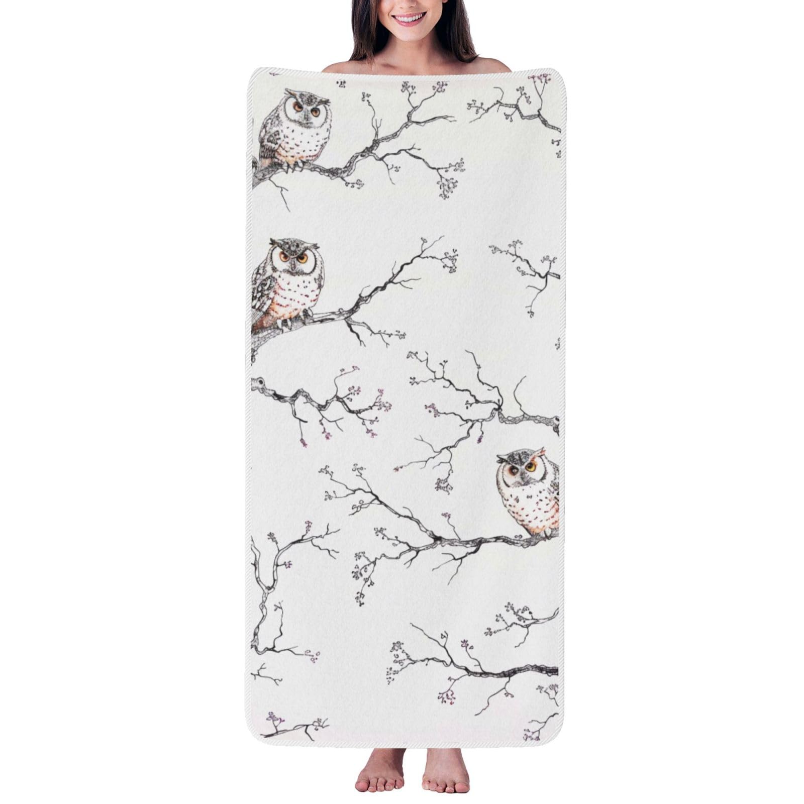 WPKJU Owl Tree Branches Printed Bath Towel with White Edging - 27x55 in Soft Extra Absorbent Coral Velvet Shower Towels for Bathroom