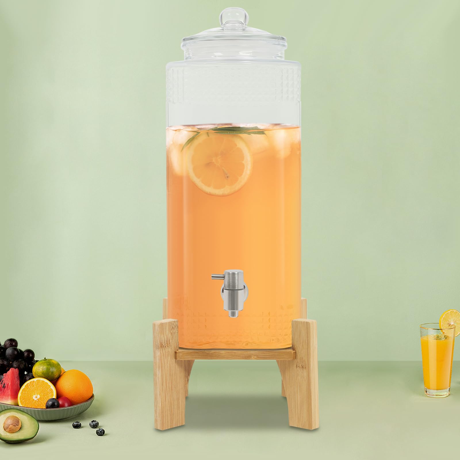 Distributore di bevande, dispenser di succo in vetro con rubinetto e supporto in bambù (10 l)
