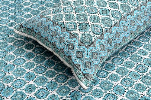 Image of ElanorHomes Cotton Double King Size Bedsheet | Hand Printed | Ultra-Soft & Skin-Safe | Breathable Summer Comfort | 90x108 inches with 2 Pillow Covers (Firozi Chhaon)