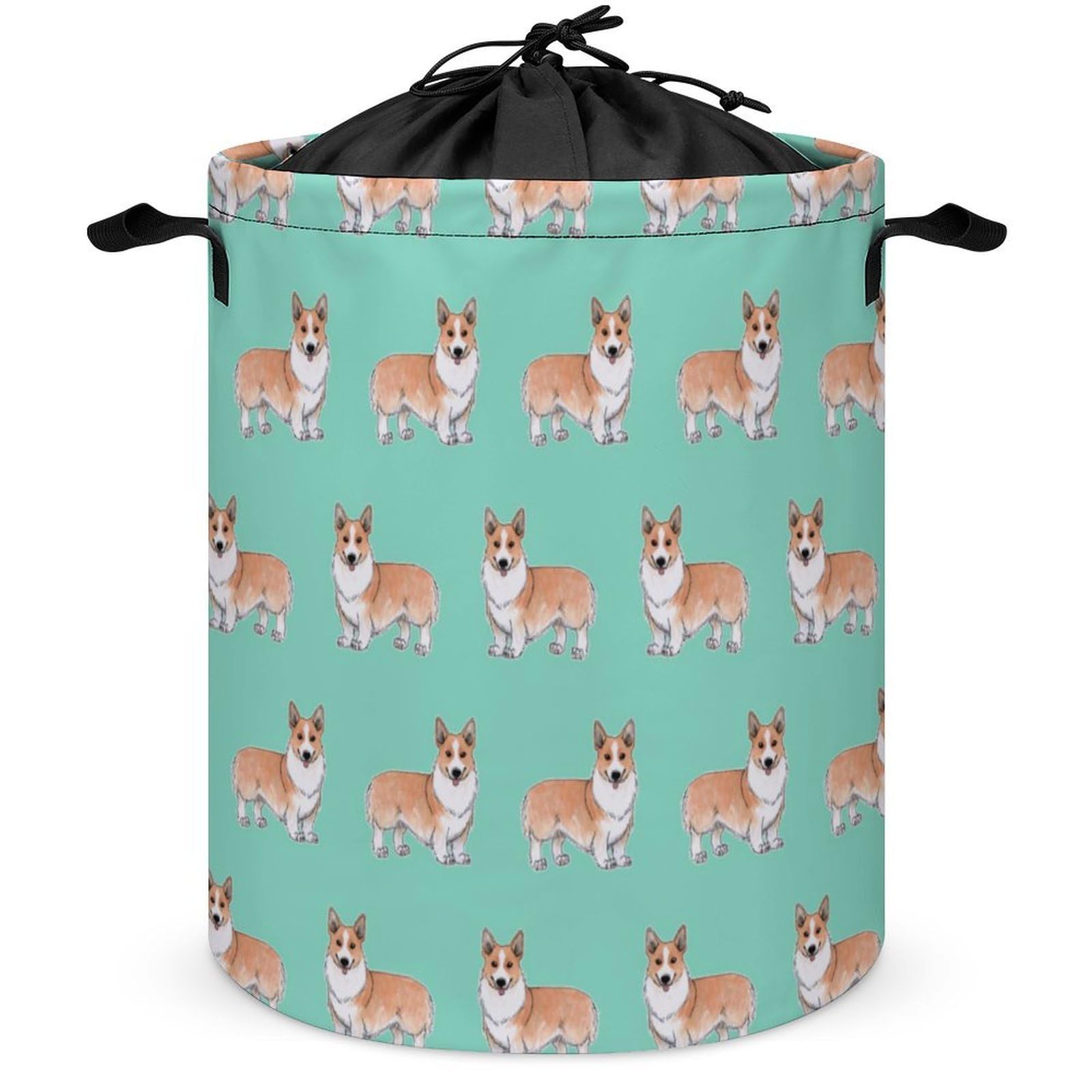 Wlntrophic Drawstring Laundry Hamper, Cute Corgi Pet And Milk Tea Laundry Basket, Washing Basket with Handle