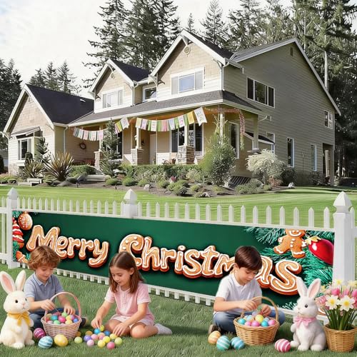 Image of Gingerbread Letter Christmas Banner 78.7 x 17.7 Inch Cookie Text with Christmas Tree Ornament and Snowflake Design Festive Holiday Decoration for Yard Fence Garden or Indoor Wall Display
