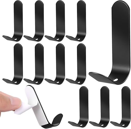 Paquete de 12 ganchos adhesivos negros de pared, ganchos resistentes de acero inoxidable, colgador adhesivo para colgar ducha, tira en J para