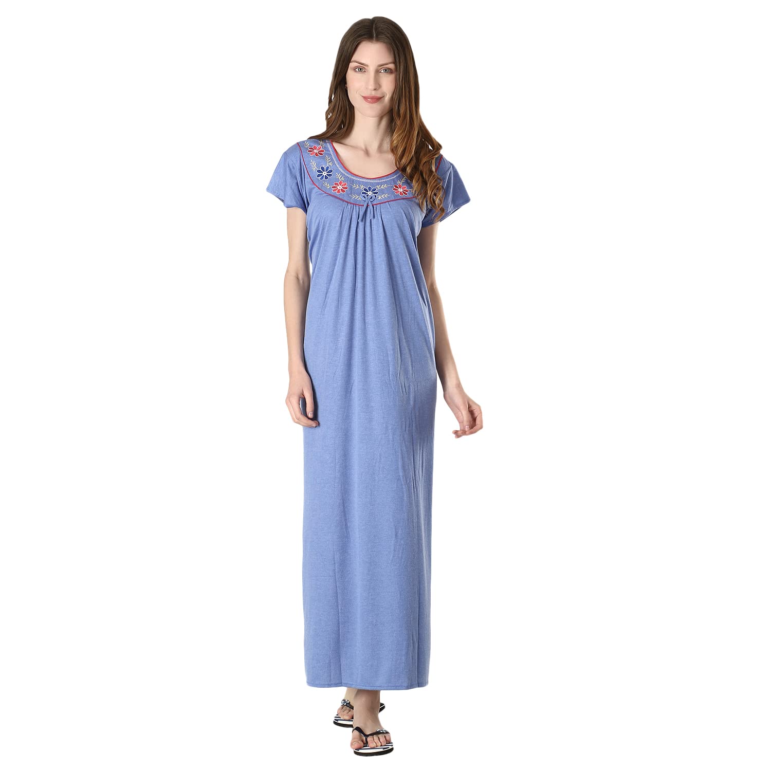 abacada's gajab Women's Hosiery Embroidered Neck Plain Maxi Nighty Free Size-picture-33