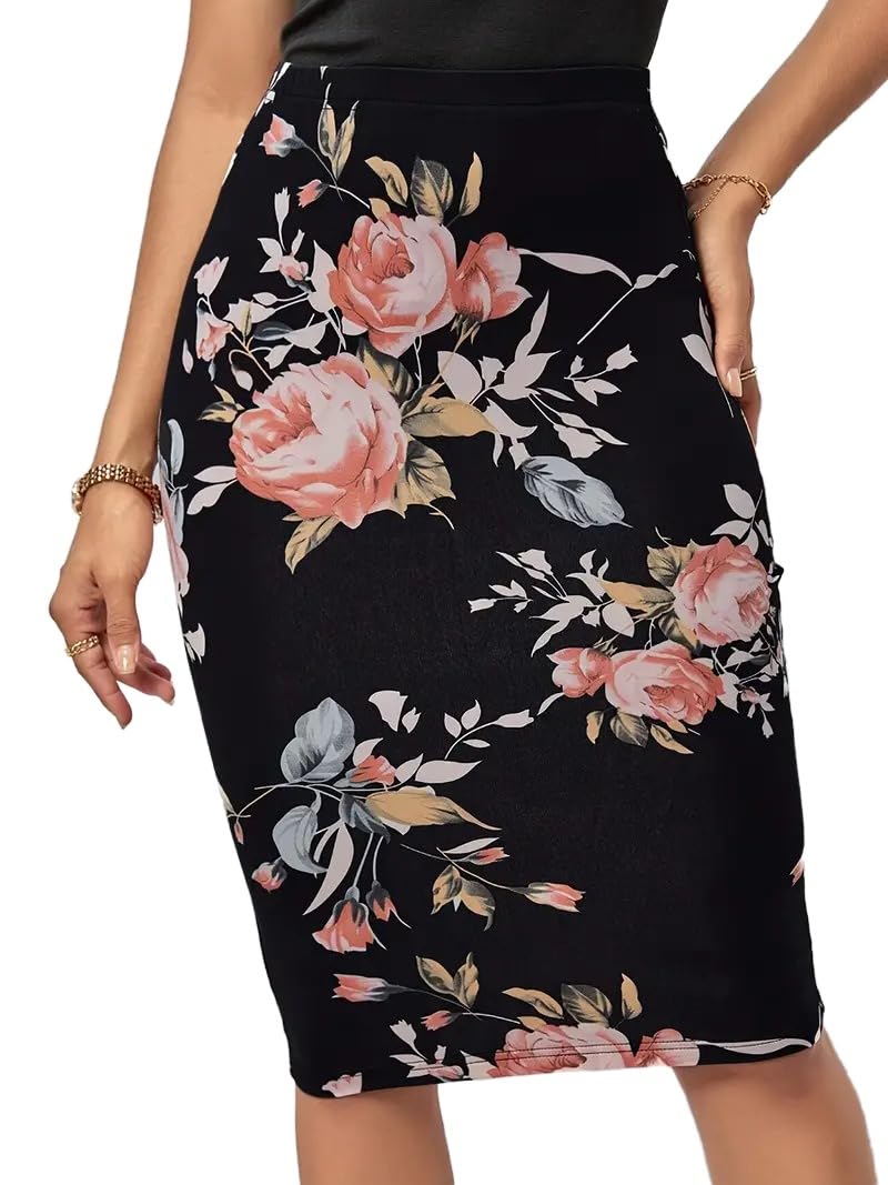 Womens Floral Pencil Skirt - High Waisted Knee Length Summer Office Skirt Stretchy Fitted