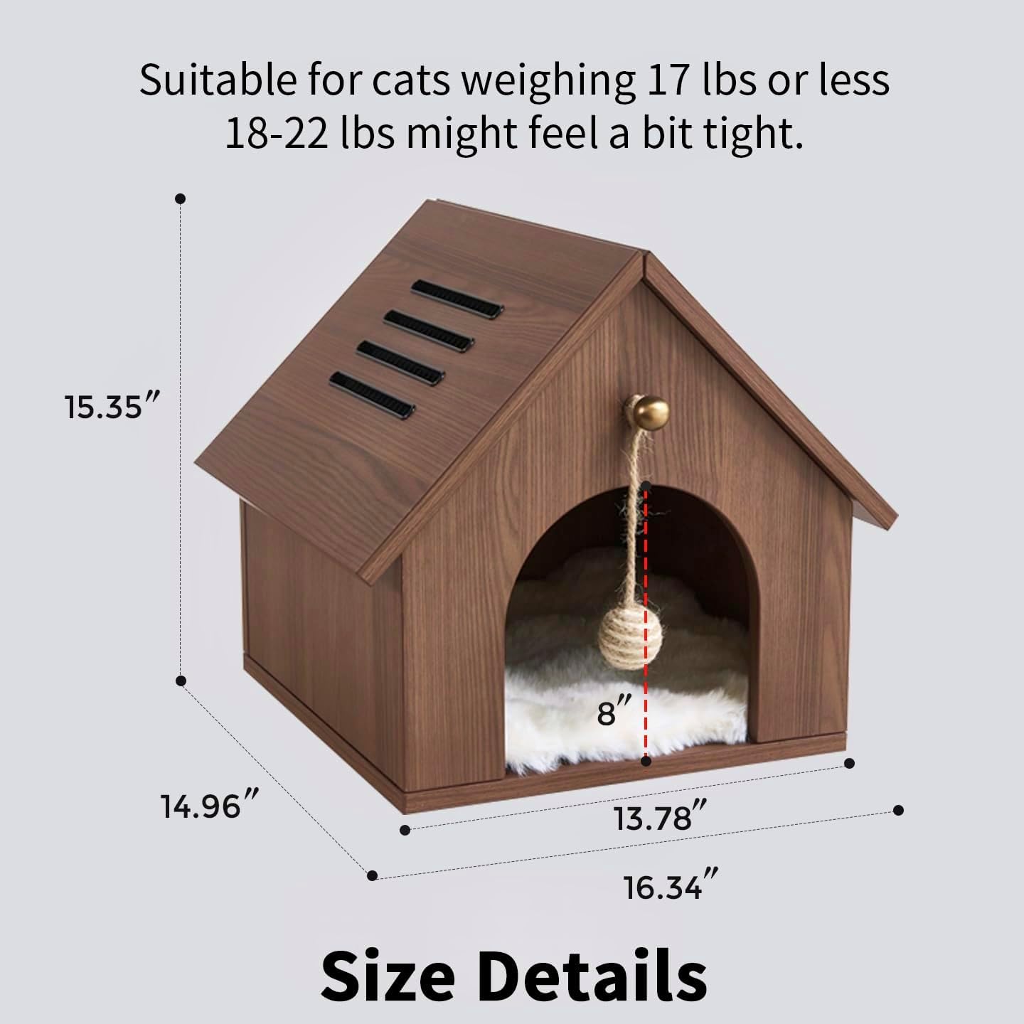 Cat House for Indoor Cats - Modern Wooden Covered Cat Cave Bed, Sturdy & Durable Cat Hideaway Hanging Ball Toy & Warm Plush Mat Included, Easy Video Assembly.
