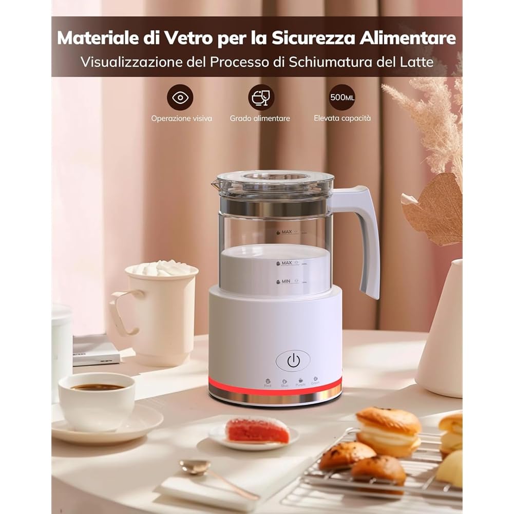 Eléctrico de Vidrio 4 en 1 Función Tapa, Capacidad de 250ml para Capuchino o 500ml de Leche Caliente, Incluye Adaptador de Corriente Europeo EU Plug Negro
