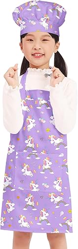 BIGHAS Delantal para niños sombrero de chef correa ajustable para el cuello gancho y cierre de bucle cintura para hornear pintar cocinar