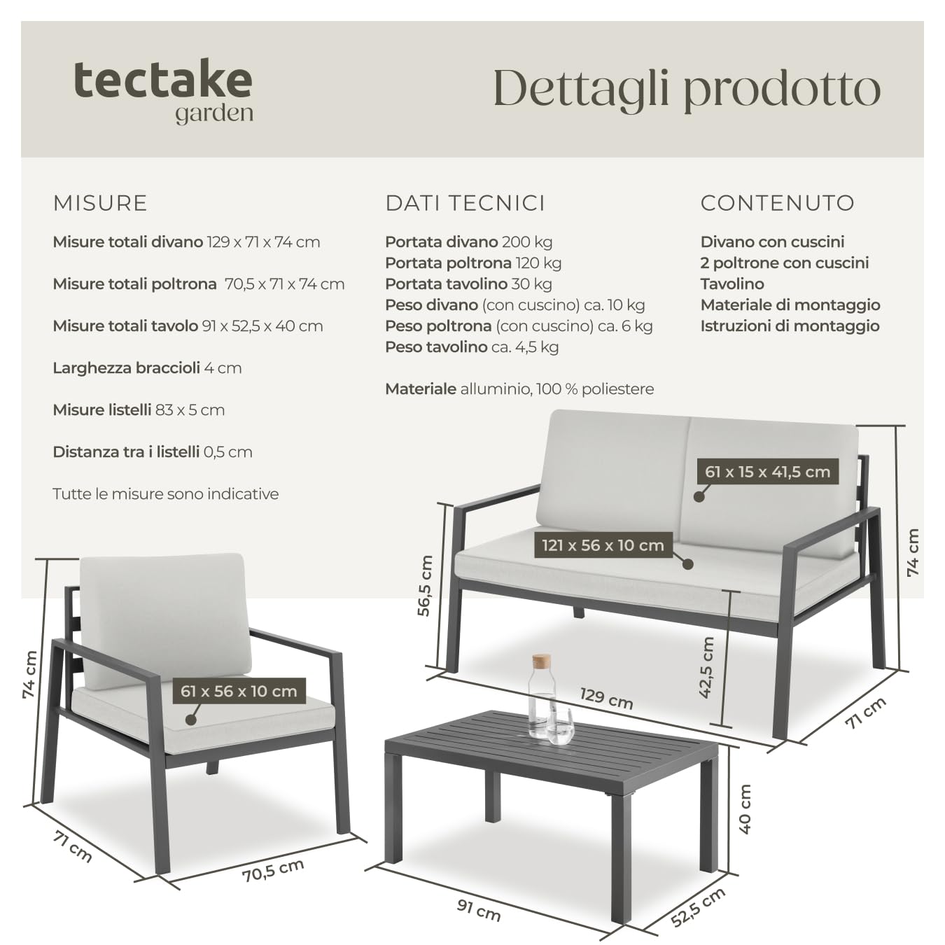 tectake® Salottino da Giardino, 2 Poltrone, 1 Divano e 1 Tavolo da Giardino con Piano a Lamelle, Telaio in Alluminio, Resistente alle Intemperie, Morbidi Cuscini Idrorepellenti - Grigio Chiaro