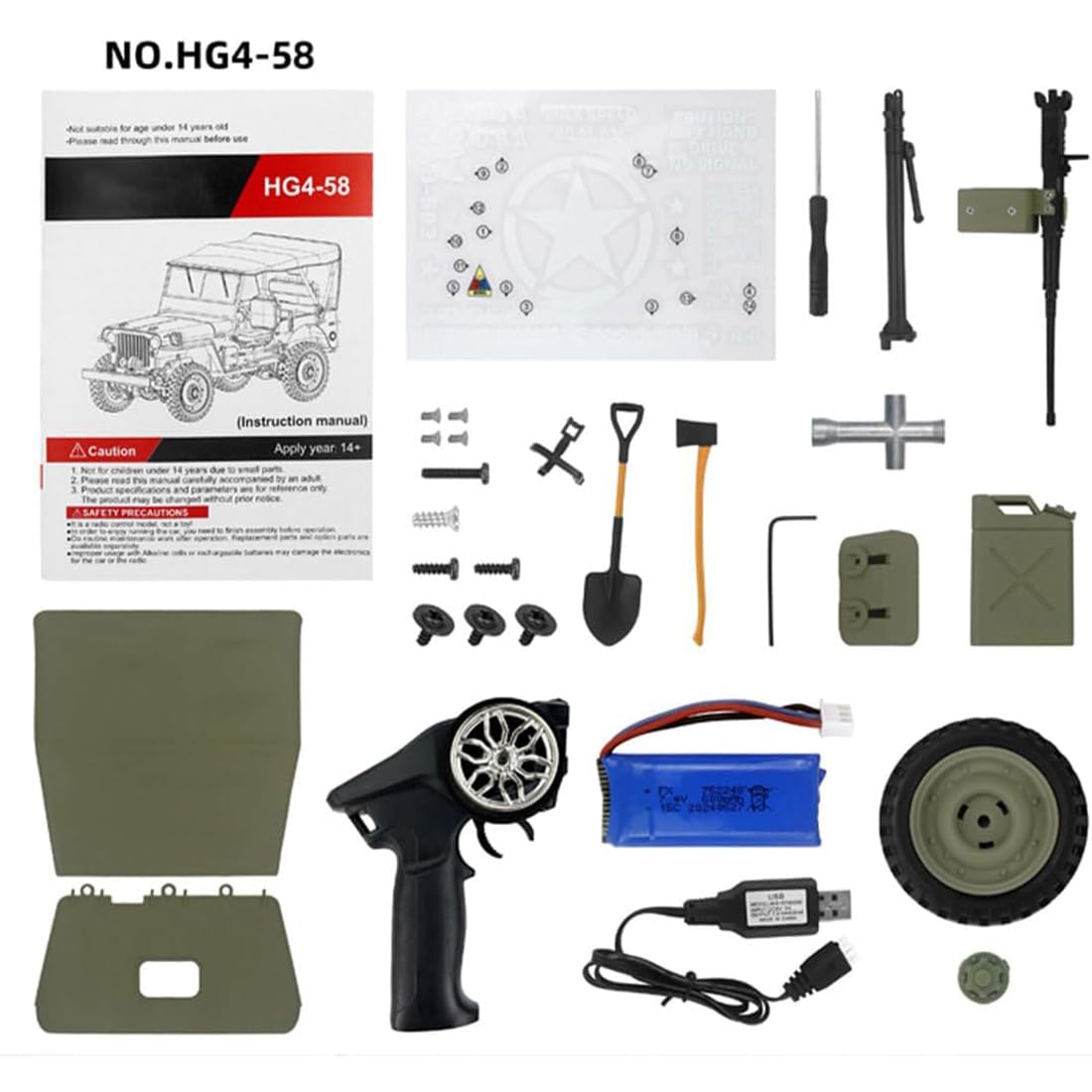 HG4-58 1:14 Militär-Jeep aus Metall, 2.4G 4WD Off-Road RC Truck with 2-Speed Gear, Multi-Function Protection & Adventure Accessories Kit, realistische Willys-Kletterauto-Nachbildung für Erwachsene