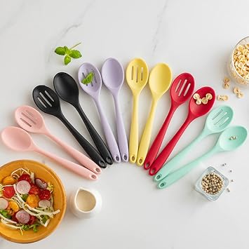2-Piece Nonstick 7.87inch/20cm Silicone Spoons Set BRIIEC Silicone Mini Eating Utensils Set,Solid Spoon and Slotted Spoon for Dinner Mixing Baking Stirring Draining - Green