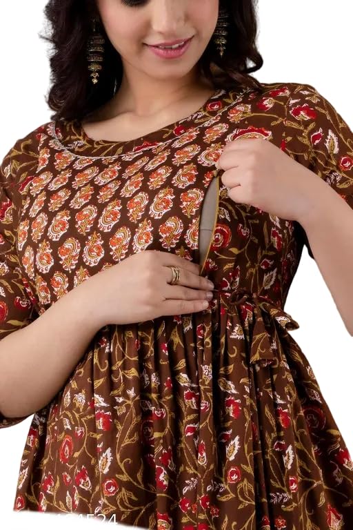 Nursing Zip Cotton Leaf Printed Maternity Kurti for Women's-picture-49