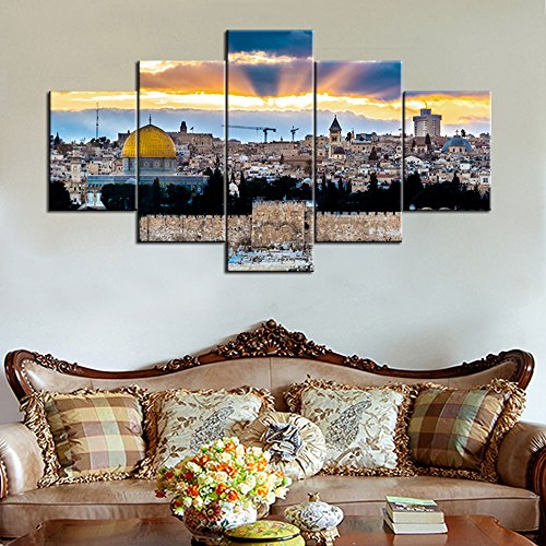 Islamic Wall Art Decor Dome Of The Rock Paintings Jerusalem Pictures 5 Panel Canvas Home Decor For Living Room Modern Artwork Giclee Wooden Framed Gallery Wrapped Stretched Ready To Hang(60''Wx32''H) #TOP2
