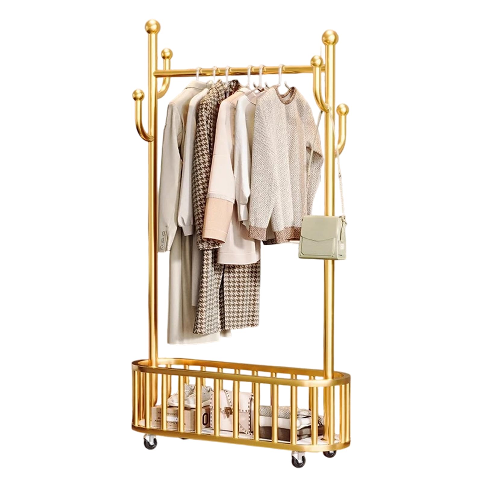 Garvee Gold Rolling Clothes Rail With Storage Basket, Freestanding Metal Garment Rack With Lockable Wheels & Side Hooks, Heavy Duty Coat Stand For Bedroom Hallway Entryway