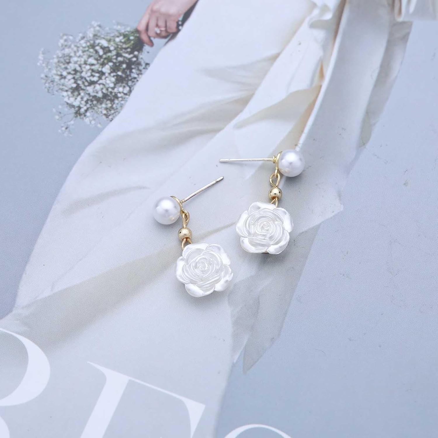 Vintage Pearl Flower Drop Earrings Boho Pearl Stud Earrings Gold Flower Dangle Earrings White Camellia Dangle Earrings for Women - Image 6