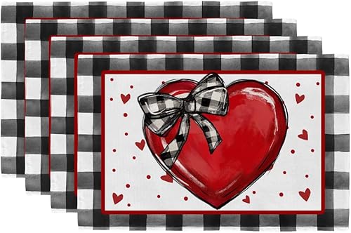 GEEORY Manteles individuales para el día de San Valentín de 12 x 18 pulgadas, diseño de corazones con lazo de cinta, lunares, decoración de mesa de
