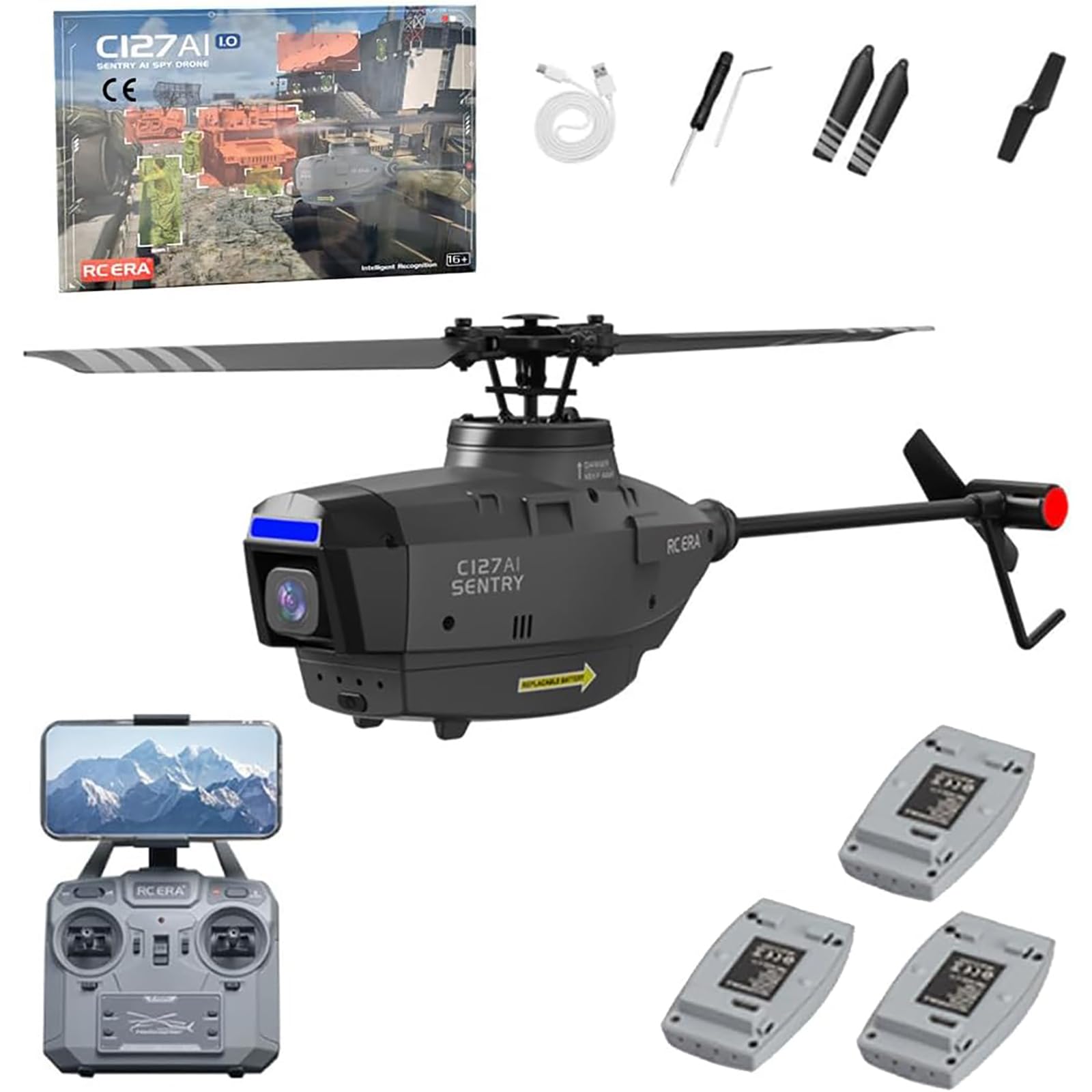 C127AI Model helikoptera RC z kamerą, zdalnie sterowany helikopter 2.4G RC 4CH Zabawki Wojskowy dron zwiadowczy Jednosilnikowy bezszczotkowy dron dla dorosłych początkujących,Black