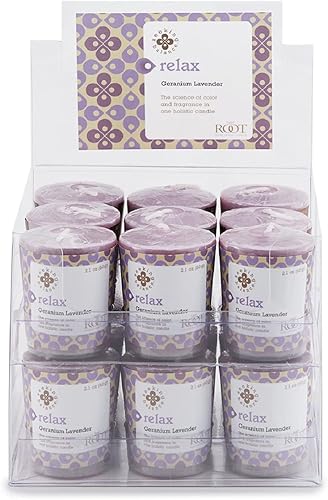 Root Candles Seeking Balance - Velas votivas de 20 horas, Relax Geranio Lavanda (paquete de 18)