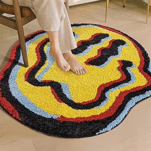 Estmy Tapis de salle de bain rond mignon hippie funky 0,9 m tapis de bain rond antidérapant lavable visage heureux coloré abstrait rétro vintage esthétique tapis...