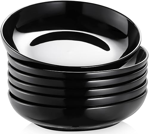 Y YHY Pasta Bowls 30oz, Large Salad Serving Bowls, Shallow Soup Bowls, Porcelain Pasta Bowls Set of 6, Microwave Dishwasher Safe, Black