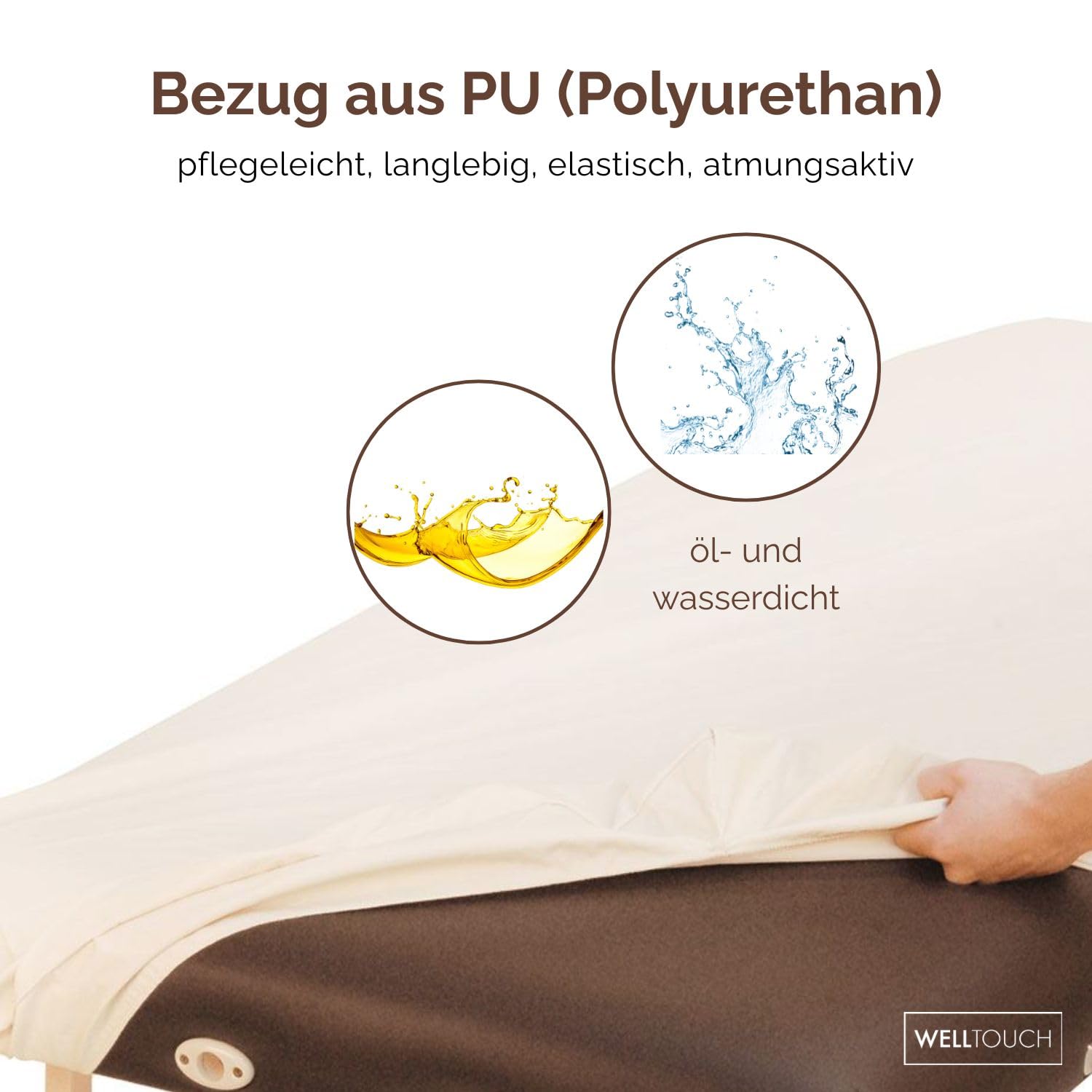 WellTouch Ölresistenter PU-Bezug L extralang | Spannbezug für Kosmetik-, Behandlungs- & Massageliege | Öl- & wasserabweisendes Spannlaken | Maschinenwaschbarer Liegenbezug | creme-farben