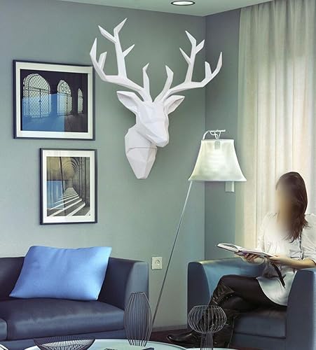 Miniatura 4 de YJ Home Arte de pared con cabeza de ciervo - Escultura geométrica de cabeza de ciervo para decoración del hogar (blanco, XL)