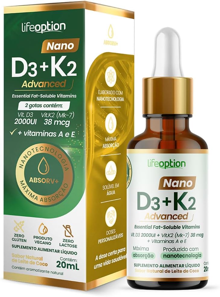 Nano D3+K2 Advanced | Suplemento Sublingual com Vitamina D3, K2, A e E | Absorção 10x mais eficiente