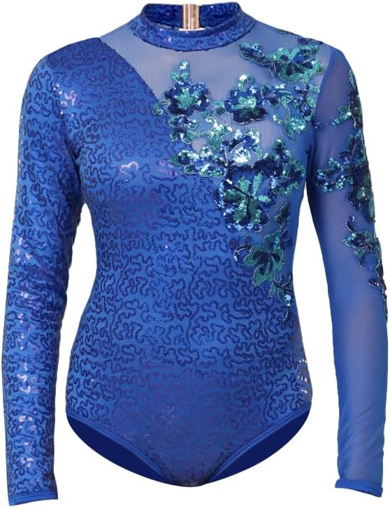 Alexandra Collection Asymmetrical Sequin Applique Long Sleeve Leotard