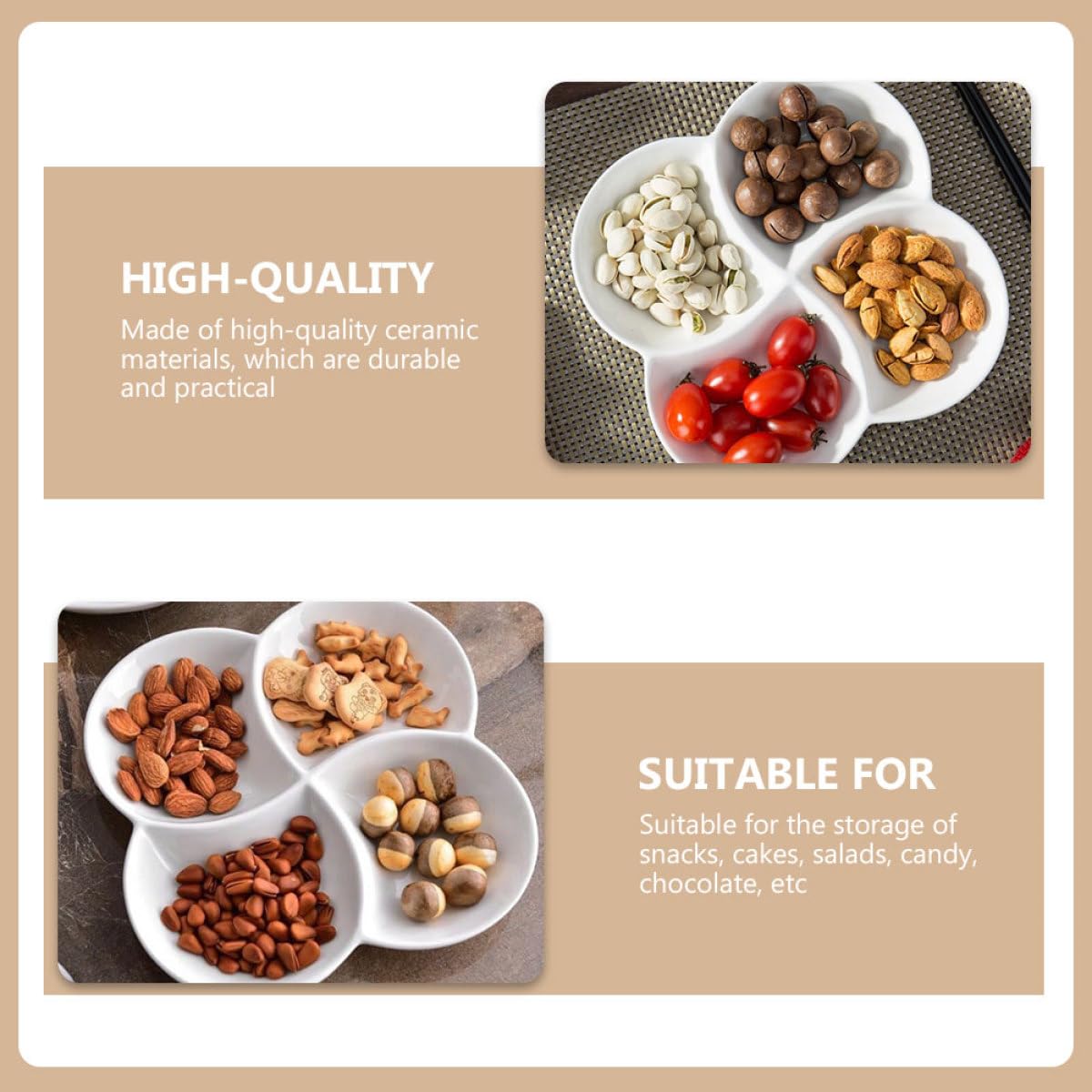 SEWACC Assiette Alimentaire Céramique 22x22x3 Cm à 4 Compartiments, Plateau-Repas Compartimenté, Empilable, pour Déjeuner et Présentation, Service Pratique et Gain de Place