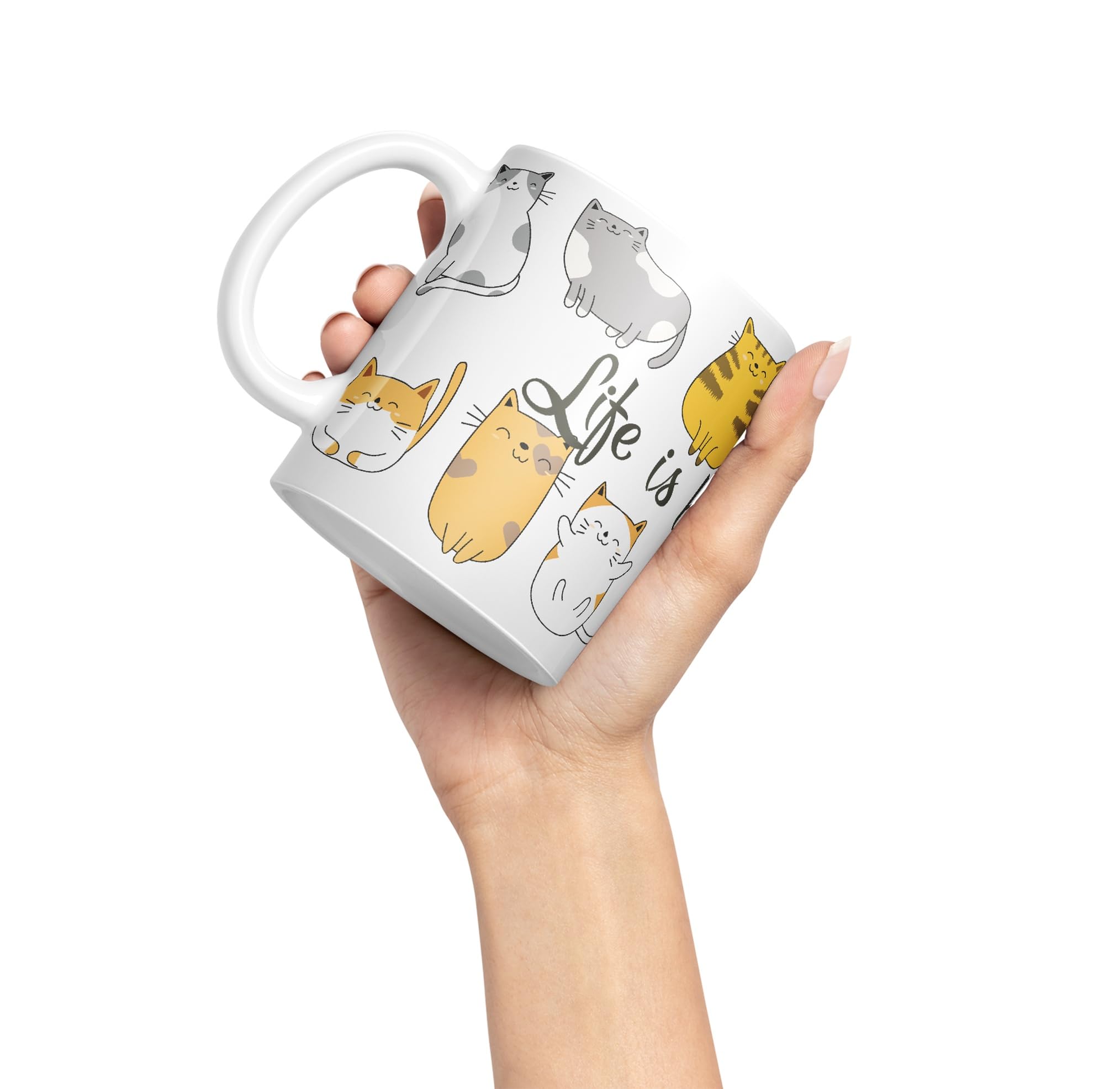 Vixar Life is Better with a cat Ceramic Coloured Mug Cup Gift Tea Coffee Christmas Office Home Cat Lovers (White) - Image 3