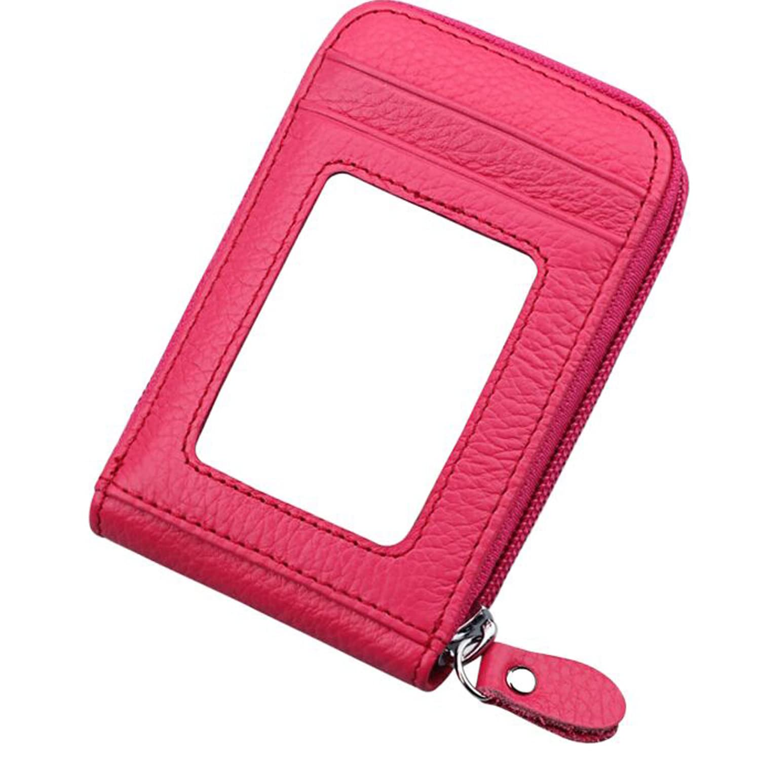 RFID Blocking Credit Card Case Organizer Genuine Leather Zip-Around Security Wallet Rose Red