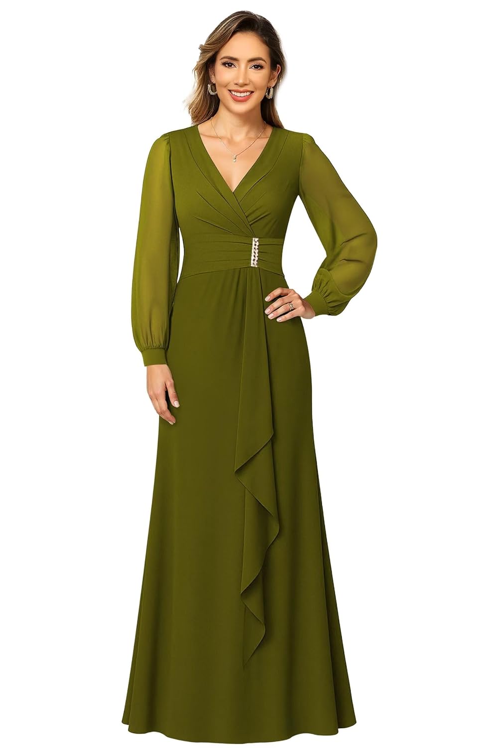 Long Sleeve Chiffon Mother of Bride Dresses with Pleates Maxi Formal Evening Dress ZU014