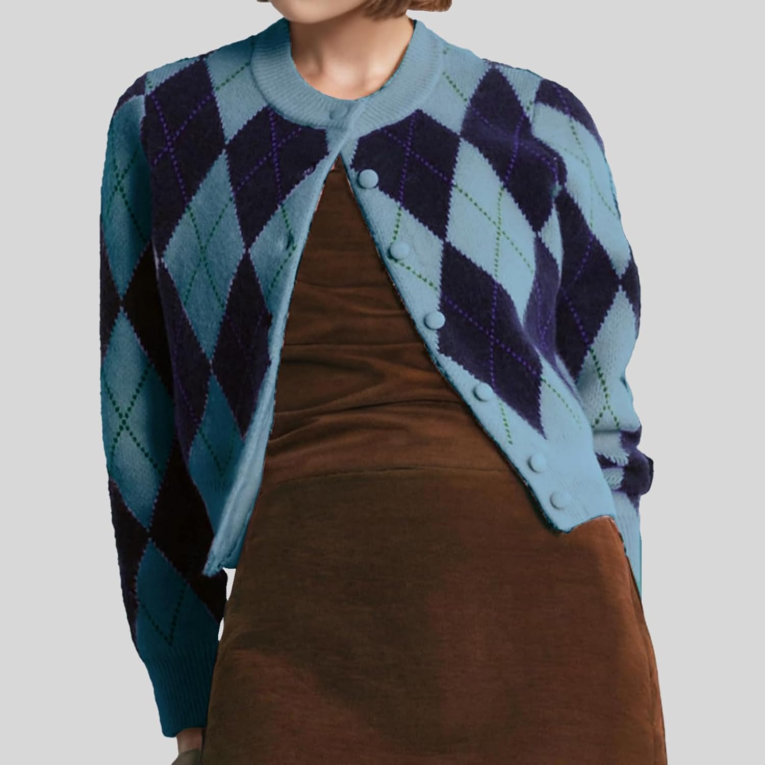 Womens Argyle Preppy Cardigan Sweater Casual Long Sleeve Button Down Color Block Knit Cardigan Spring Fall Knitwears - Image 4