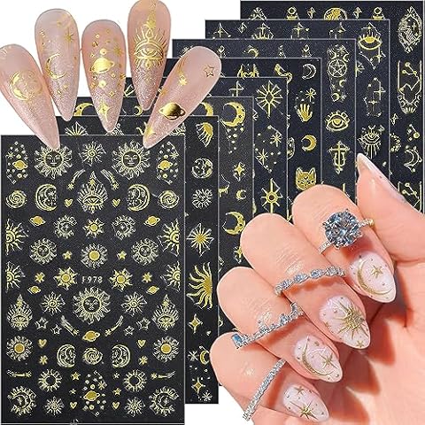 8 Sheets Sun Star Nail Art Stickers Moon Nail Stickers 3D Self-Adhesive Snake Nail Decals Gold Star Sun Space Designs Nail Art Supplies for Women Girls Acrylic Nails Decorations Salon Accessories Cover