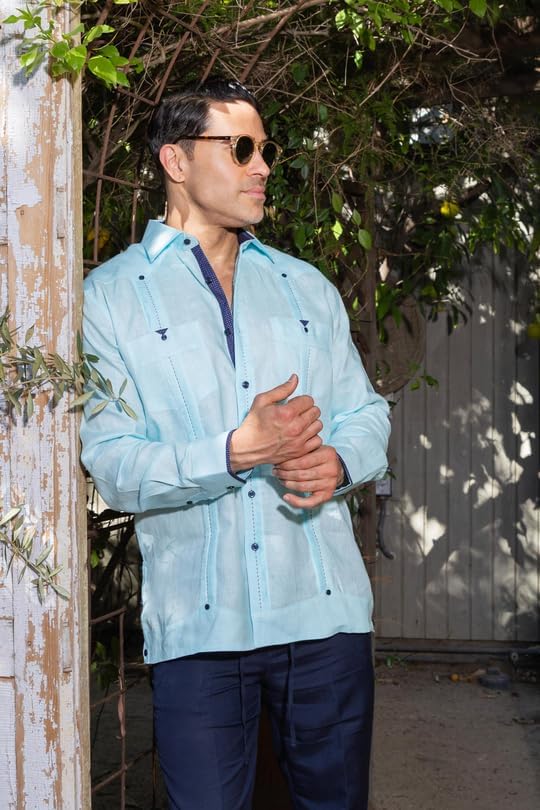 Mojito Collection Men's 100% Linen Guayabera Shirt Long Sleeve with Print Trim Accent - Image 8