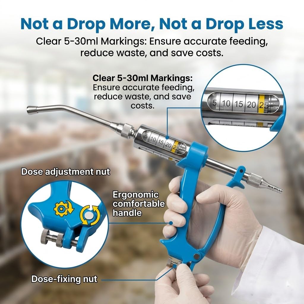 Pistola de empapado continuo resistente de 30 ml, compatible con sistemas de admisión de ovejas, caballos y cerdos, cubo de alimentación continua ajustable para mantenimiento de granjas