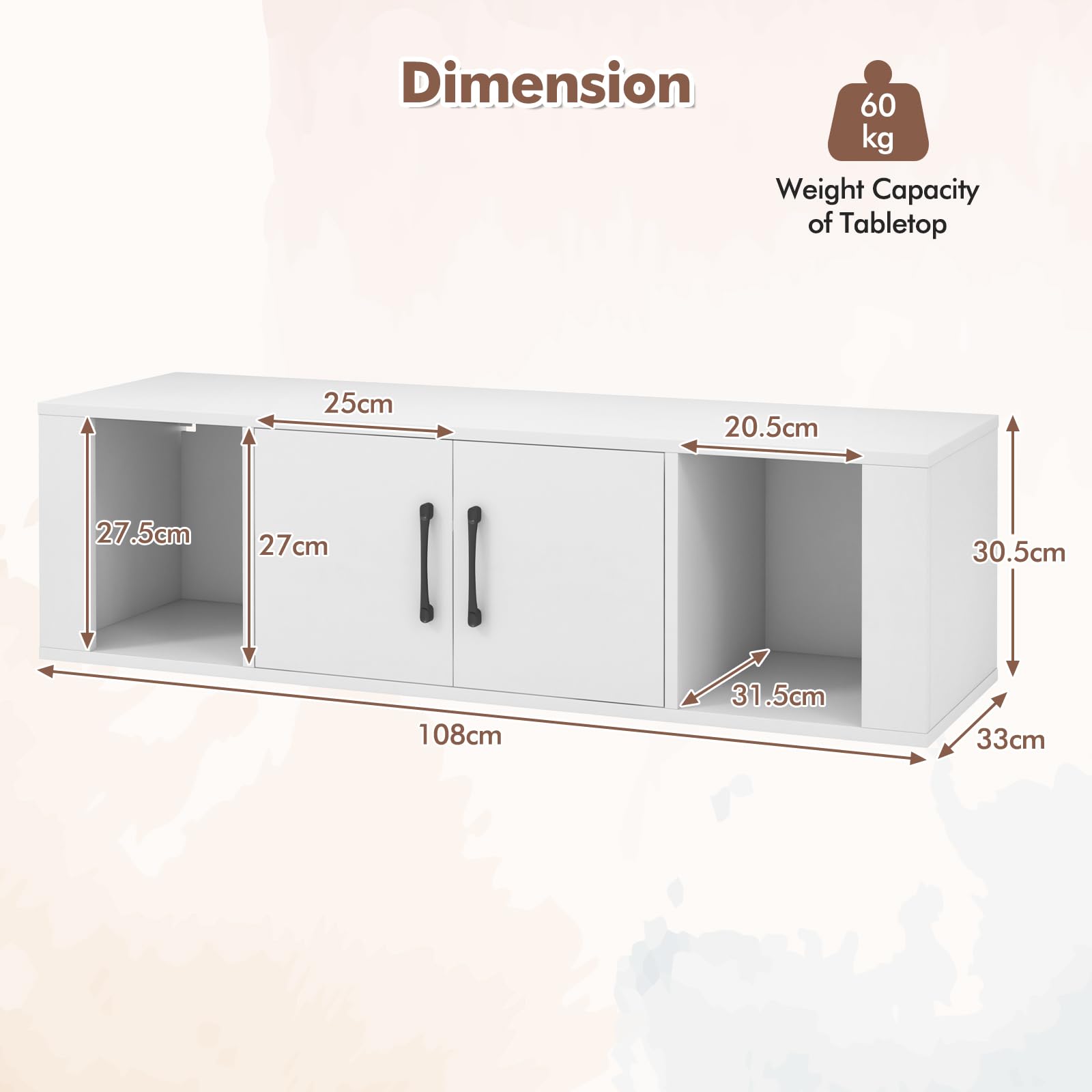 GIANTEX Armario de Pared, Mueble TV Suspendido con 2 Puertas, 2 Cubos Abiertos, Carga hasta 60 kg, Estantería Colgante para Baño, Dormitorio, Salón, Cocina, 108 x 33 x 30,5 cm (Blanco)