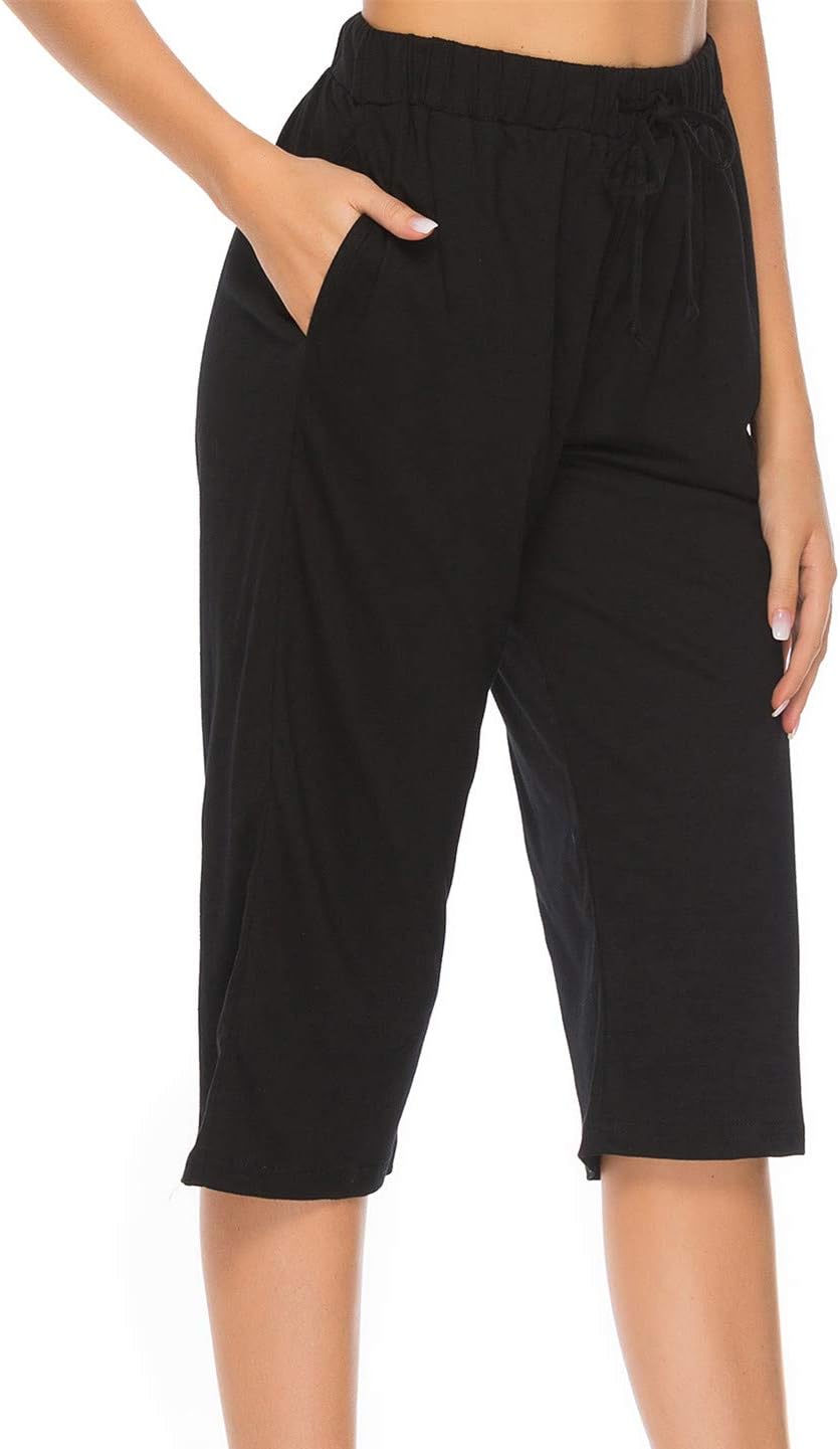 Vlazom Cotton Women's Pajama Bottoms Capri Lounge Pants Casual Cropped Pjs Trouser with Pockets & Drawstring