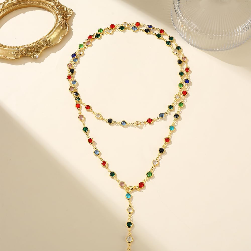Ladies' colorful necklace, gold body chain, long multi colored bead necklace, rhinestone pendant necklace, holiday jewelry accessories gift