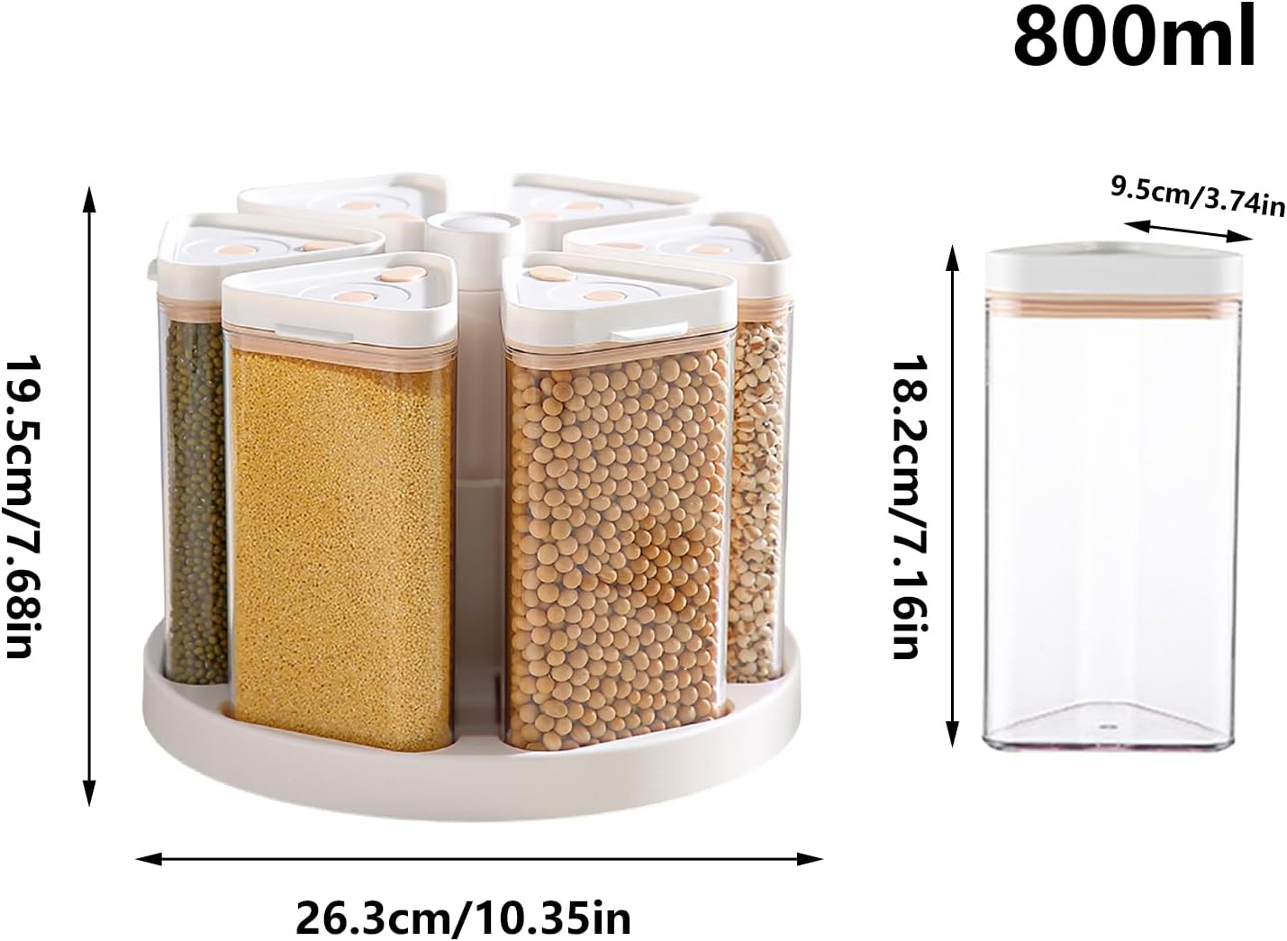 Rotating Storage Dispenser, 10.35x7.68 inches AS PP Silicone 6-grid Organizer, Rice Container for Countertops, Grains, Beans, Home Organization