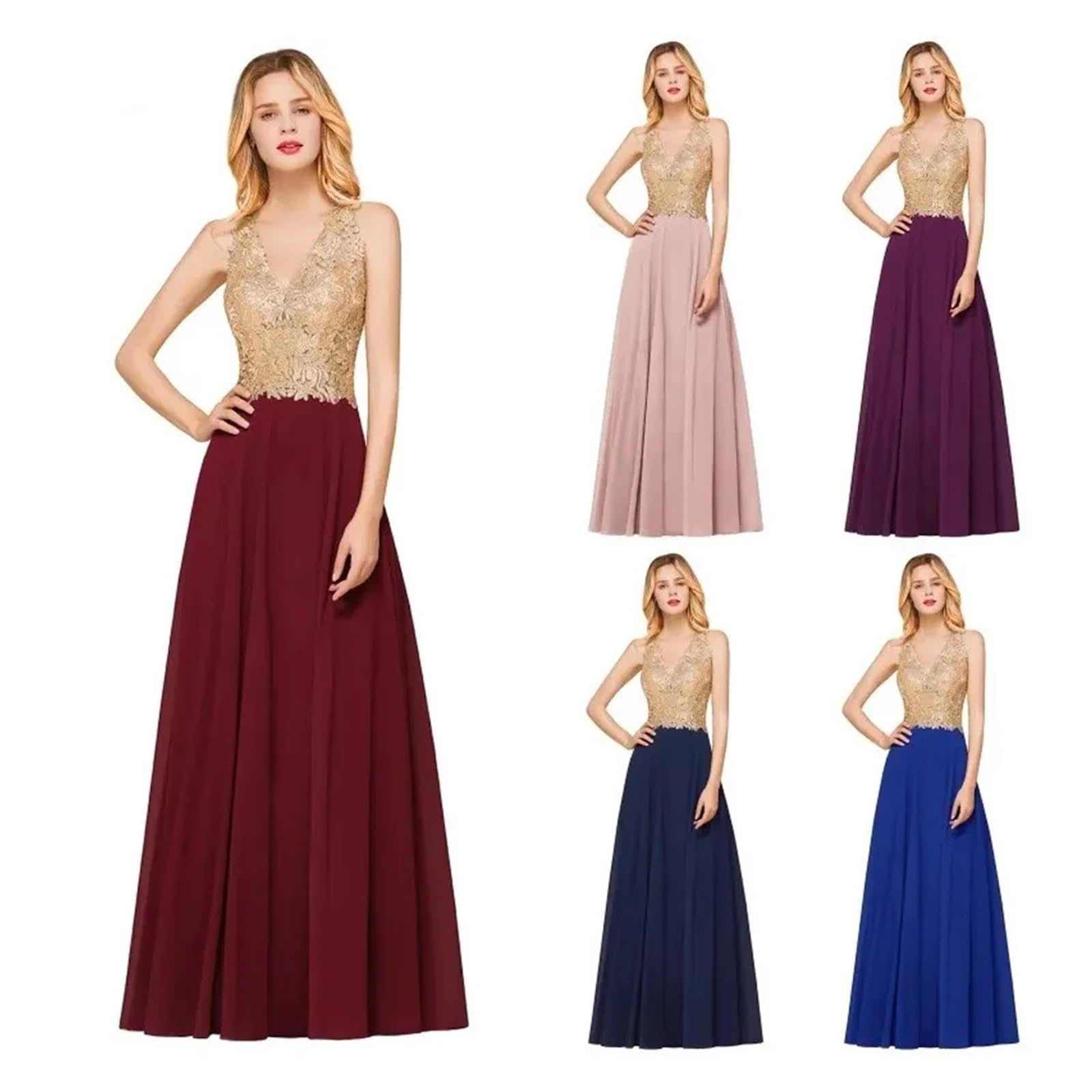 Brautjungfernkleider Goldfarbene Spitzenapplikationen in A-Linie Chiffon-Brautjungfernkleider mit V-Ausschnitt, lange, elegante Hochzeitsfeier-Abschlussballkleider Brautjungfernkleider Party Ballkleid