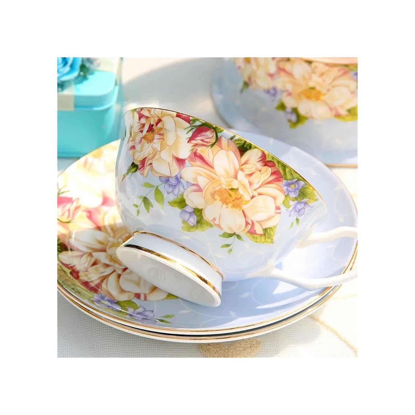 Duże ceramiczne kubki do kawy, Zestaw kubków do kawy i herbaty ze spodkiem łyżeczką, wielokolorowy, 200-300 ml(Blu)